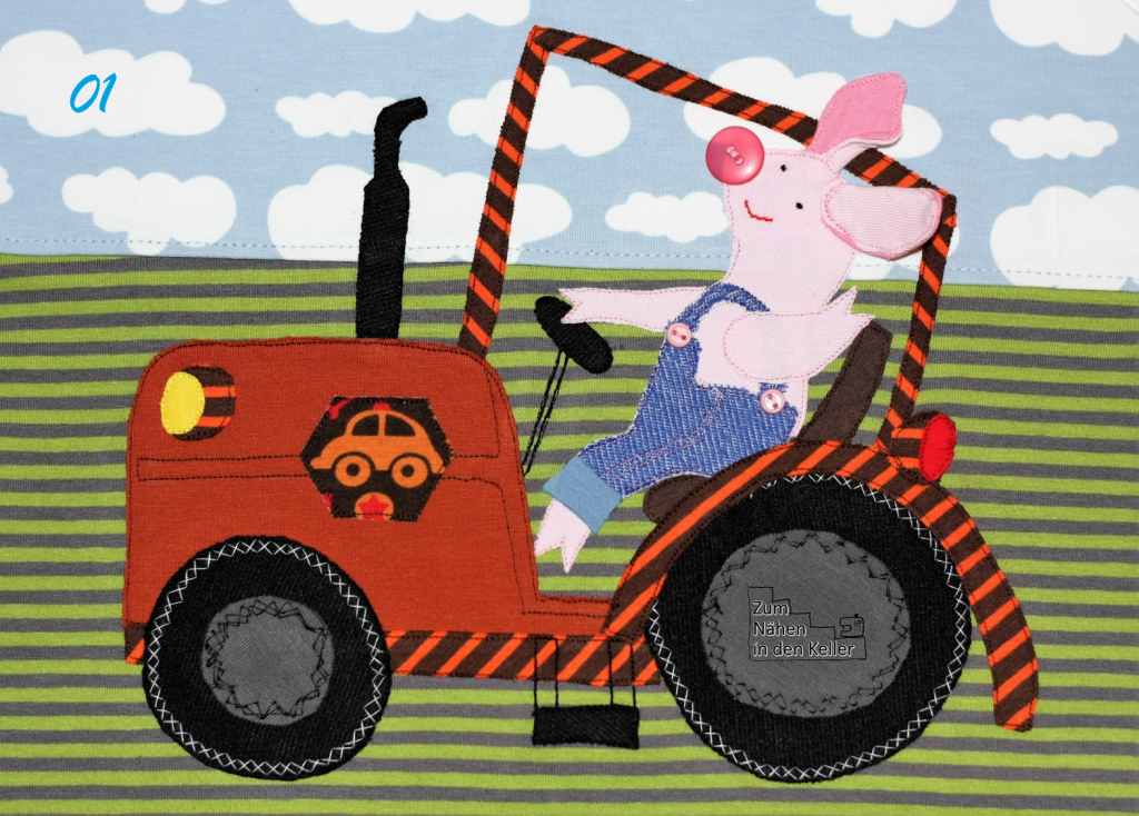 John Piglet Pig on Tractor Application Design by krakracraft appliziert von Zum Nähen in den Keller Applikation application applizieren Traktor Schwein Ferkel toll für Jungs