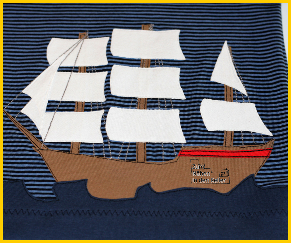 Segelschiff Segelboot sail boat Boot Schiff Segler Jolle Bark Brigg Applikation Küstenluft Herzsenbunt Design auf Raglanshirt Zum Nähen in den Keller