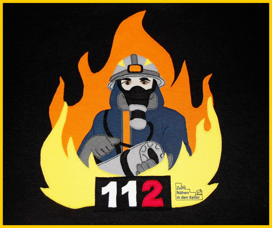 Applikation Feuerwehrmann nach der Vorlage von kikykidz auf Hoodie Pullover Edi von Lolletroll. Zum Nähen in den Keller.