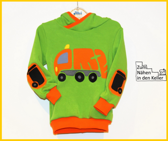 Herzbube Pullover Hoodie Kapuzenpullover aus Alpenflieece Fred von Soho mit Müllauto Müllwagen Applikation von Oberschätzchen. Zum Nähen in den Keller. application refuse lorry made for boys
