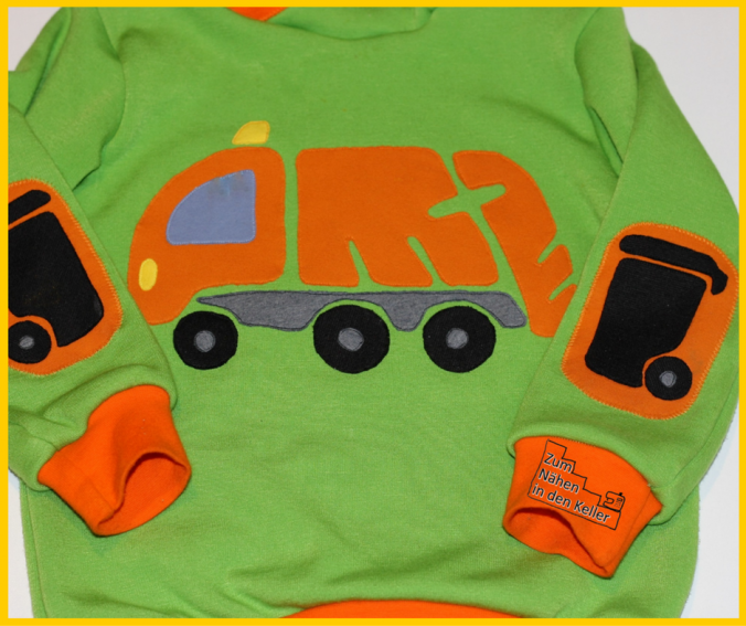 Herzbube Pullover Hoodie Kapuzenpullover aus Alpenflieece Fred von Soho mit Müllauto Müllwagen Applikation von Oberschätzchen. Zum Nähen in den Keller. application refuse lorry made for boys