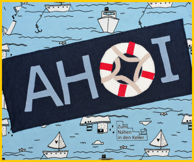 Raglanshirt Kids von Erbsenprinzessin aus Stoffonkel Jersey mit Booten Schiffen maritim. Applikation AHOI von Herzensbunt Design Rettungsring